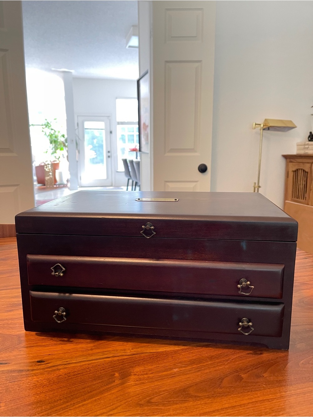 Vintage Reed & Barton Eureka Wooden Jewelry Box Burgundy Lining 15x10x7in.